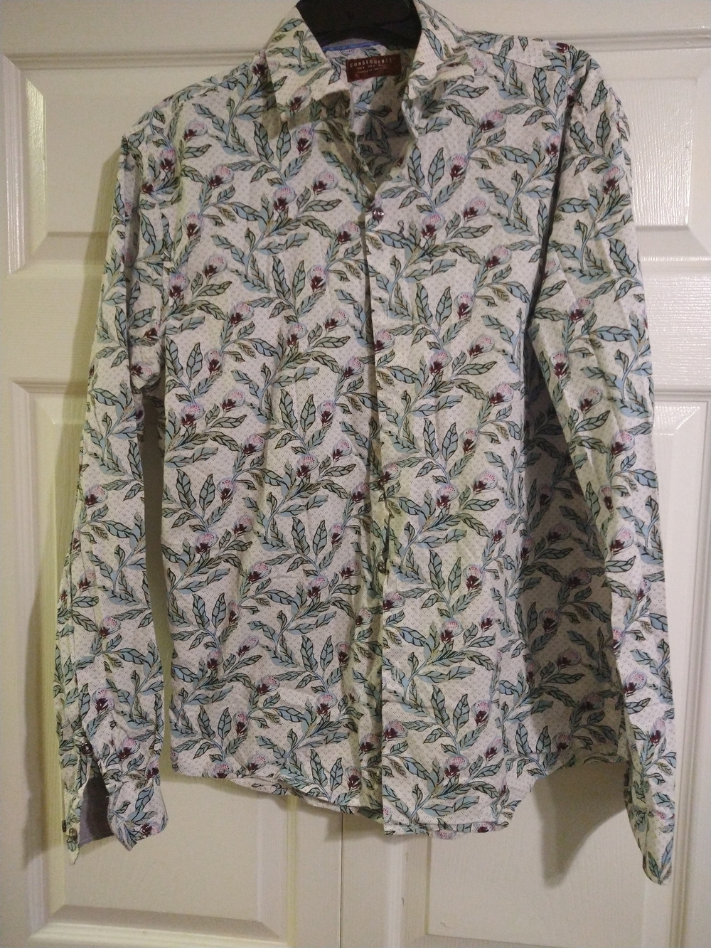 Floral Leaf Print Long Sleeve Shirt - White/Green